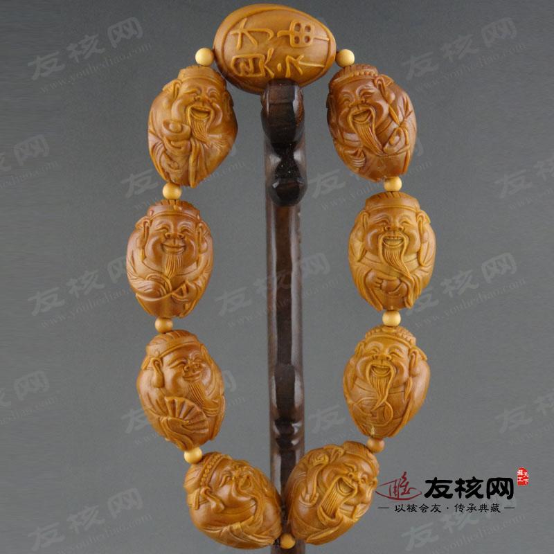 苏工橄榄核 杨易八大财神文玩手串 正面