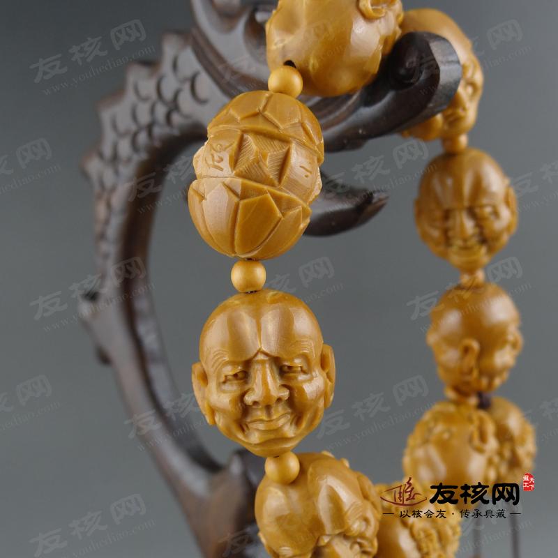 橄榄核雕 顾小良 双面十八罗汉 手串 落款