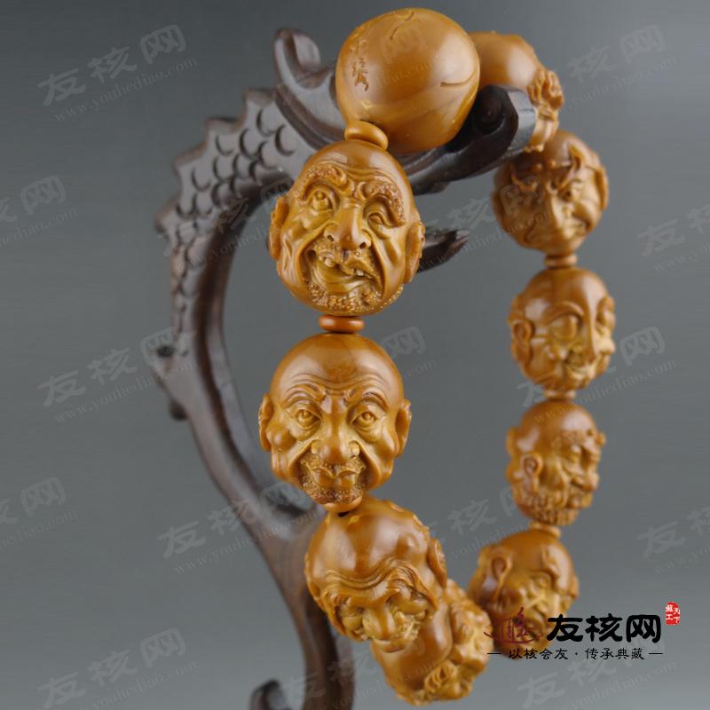 苏工核雕 名家刘小琴 双面十八罗汉 手串 落款